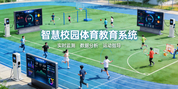 现代化学校操场，学生正在进行体育活动，展示智慧校园体育教育系统